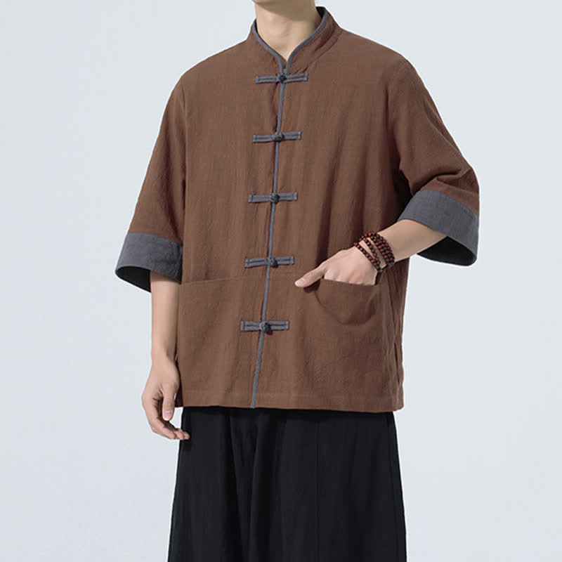 Nimara Ritual Summer Casual Tang Style Frog Button Solid Cotton Men's Short Sleeve Shirts With Pocket