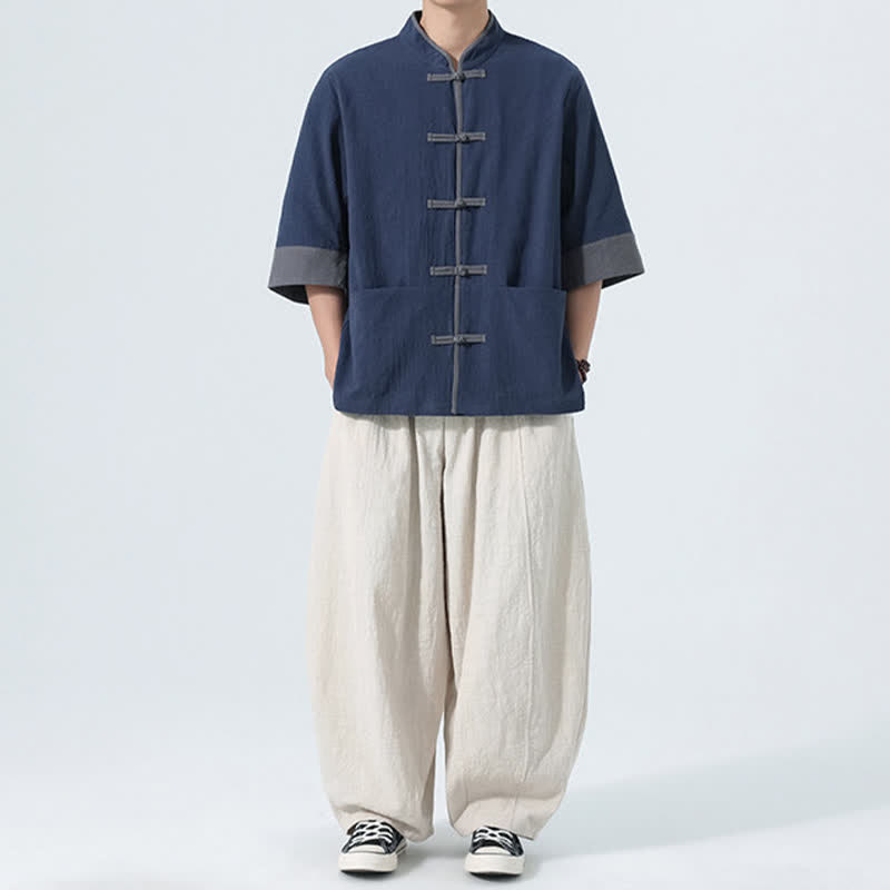 Nimara Ritual Summer Casual Tang Style Frog Button Solid Cotton Men's Short Sleeve Shirts With Pocket