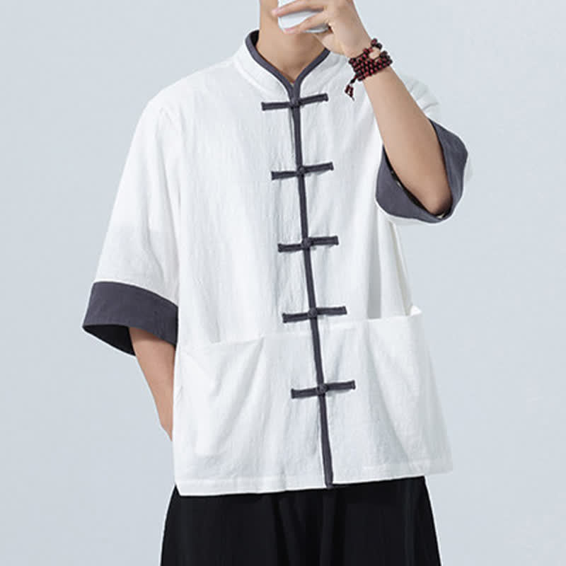 Nimara Ritual Summer Casual Tang Style Frog Button Solid Cotton Men's Short Sleeve Shirts With Pocket