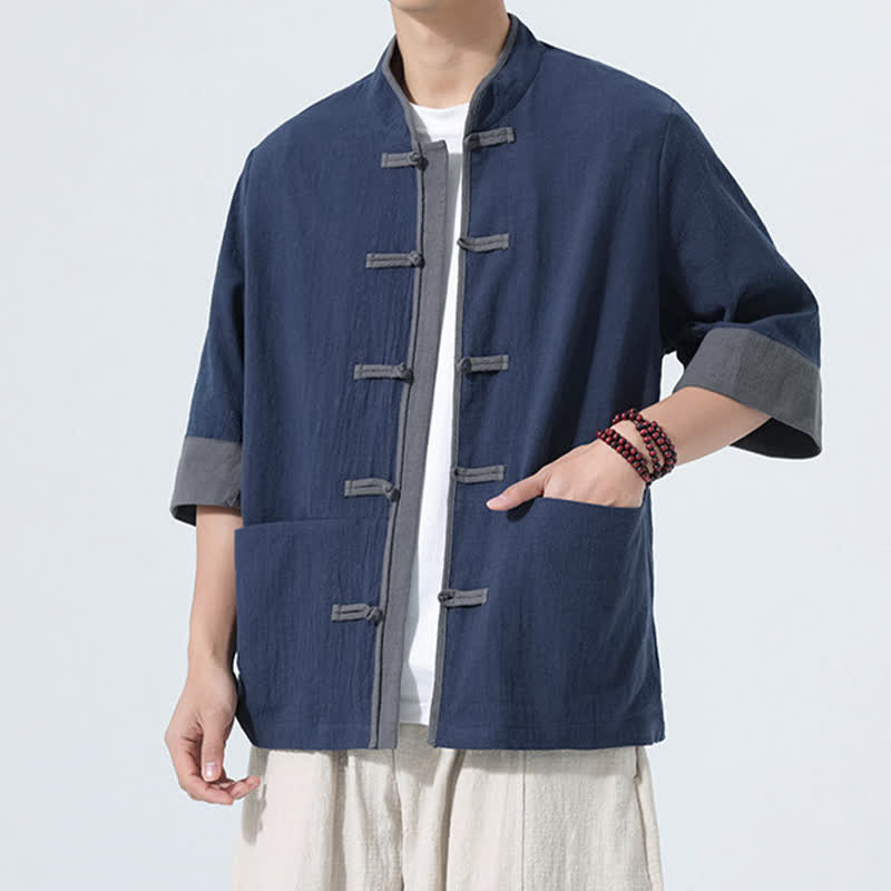 Nimara Ritual Summer Casual Tang Style Frog Button Solid Cotton Men's Short Sleeve Shirts With Pocket