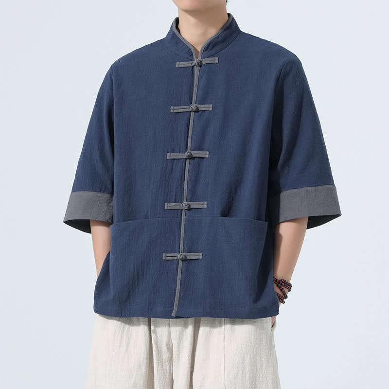 Nimara Ritual Summer Casual Tang Style Frog Button Solid Cotton Men's Short Sleeve Shirts With Pocket