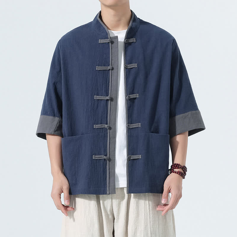 Nimara Ritual Summer Casual Tang Style Frog Button Solid Cotton Men's Short Sleeve Shirts With Pocket
