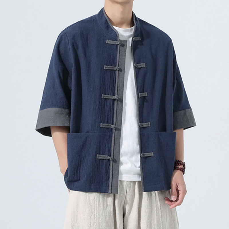 Nimara Ritual Summer Casual Tang Style Frog Button Solid Cotton Men's Short Sleeve Shirts With Pocket