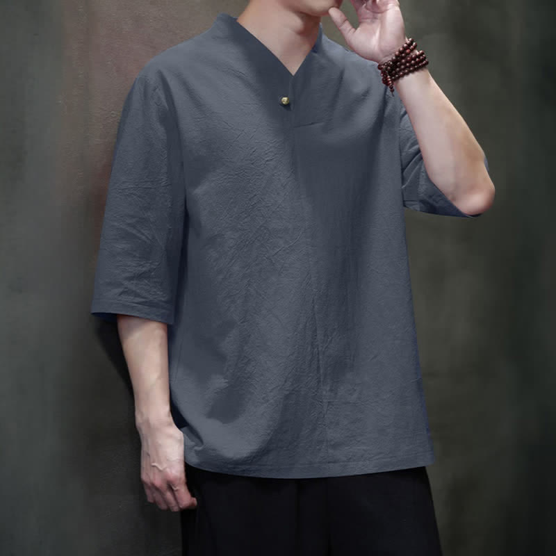 Nimara Ritual Summer Casual Tang Style Mandarin Collar Solid Men's Short Sleeve Shirts