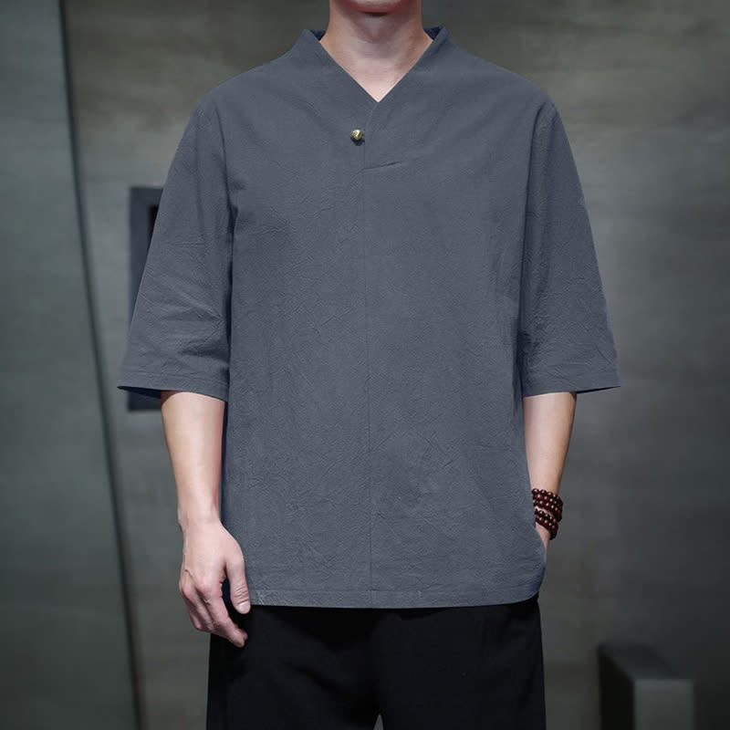 Nimara Ritual Summer Casual Tang Style Mandarin Collar Solid Men's Short Sleeve Shirts