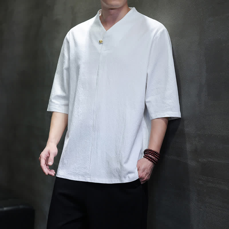 Nimara Ritual Summer Casual Tang Style Mandarin Collar Solid Men's Short Sleeve Shirts