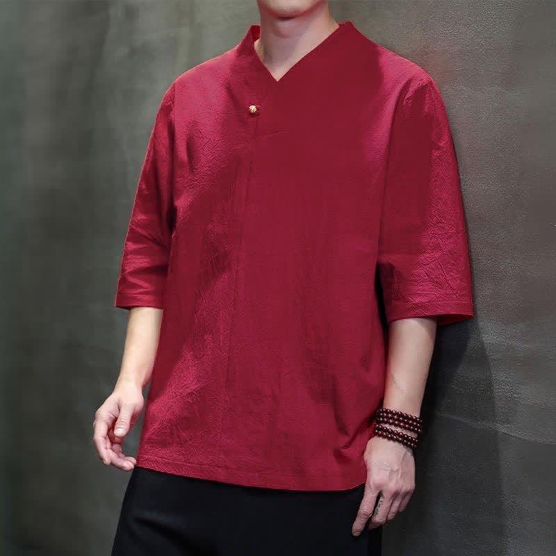 Nimara Ritual Summer Casual Tang Style Mandarin Collar Solid Men's Short Sleeve Shirts