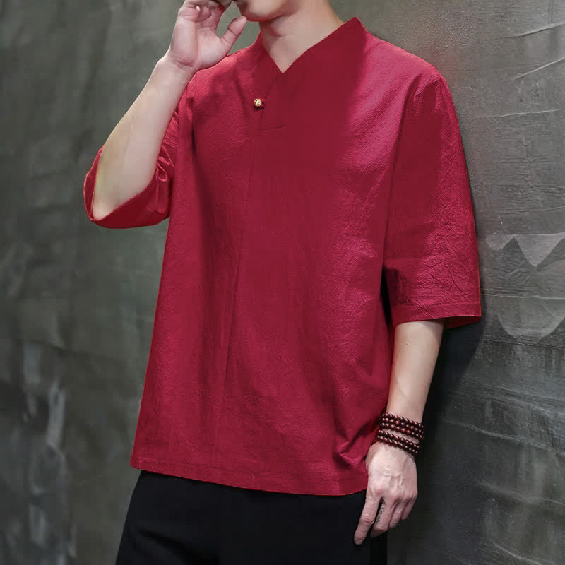 Nimara Ritual Summer Casual Tang Style Mandarin Collar Solid Men's Short Sleeve Shirts