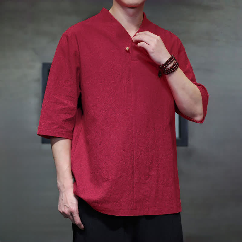 Nimara Ritual Summer Casual Tang Style Mandarin Collar Solid Men's Short Sleeve Shirts