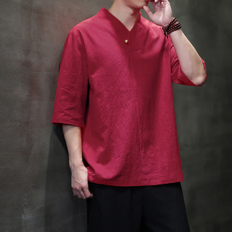Nimara Ritual Summer Casual Tang Style Mandarin Collar Solid Men's Short Sleeve Shirts
