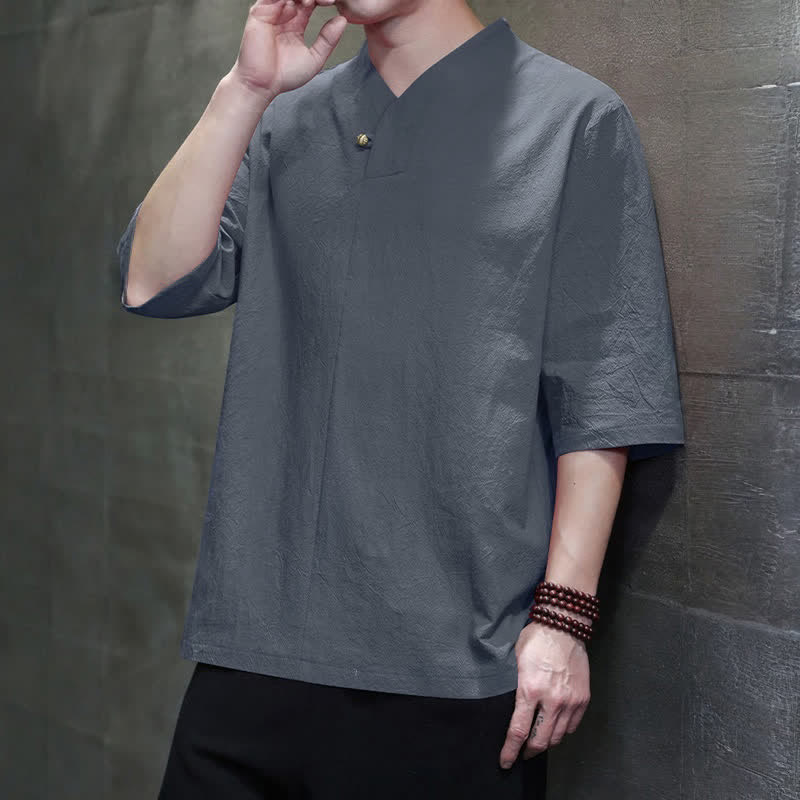 Nimara Ritual Summer Casual Tang Style Mandarin Collar Solid Men's Short Sleeve Shirts