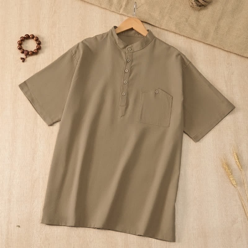 Nimara Ritual Summer Casual Tang Style Mandarin Collar Solid Men's Short Sleeve Shirts With Pocket