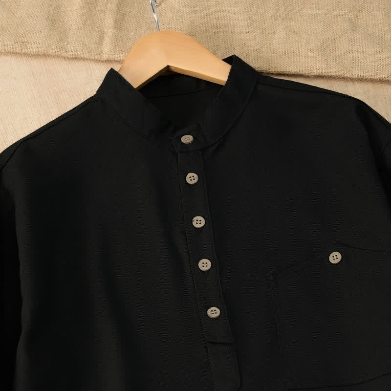 Nimara Ritual Summer Casual Tang Style Mandarin Collar Solid Men's Short Sleeve Shirts With Pocket