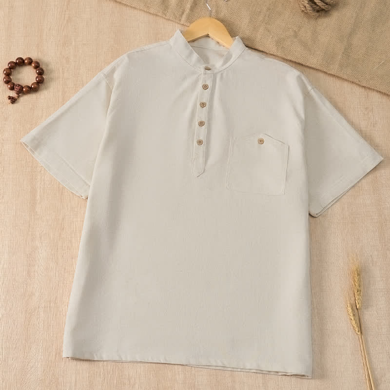 Nimara Ritual Summer Casual Tang Style Mandarin Collar Solid Men's Short Sleeve Shirts With Pocket