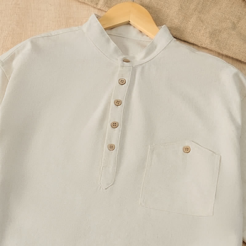 Nimara Ritual Summer Casual Tang Style Mandarin Collar Solid Men's Short Sleeve Shirts With Pocket