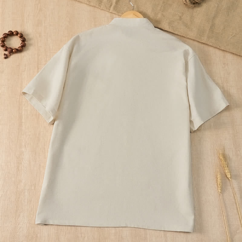 Nimara Ritual Summer Casual Tang Style Mandarin Collar Solid Men's Short Sleeve Shirts With Pocket