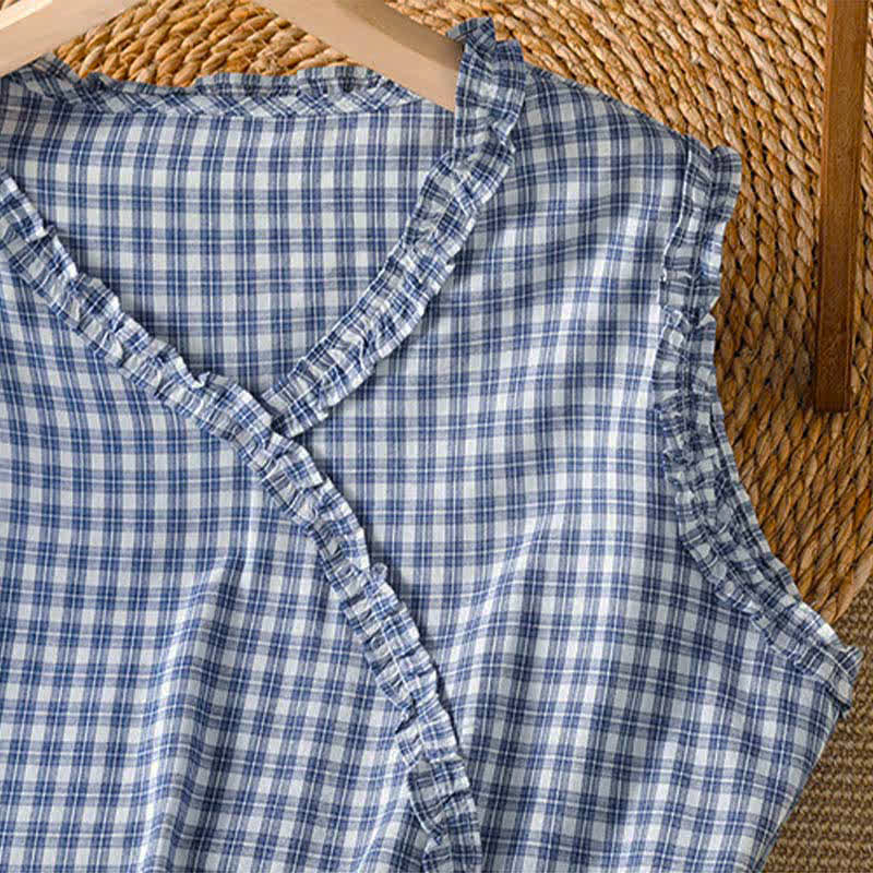 Nimara Ritual Summer Casual Vintage Ruffle V-Neck Plaid Tank Top Women's Sleeveless T-Shirts