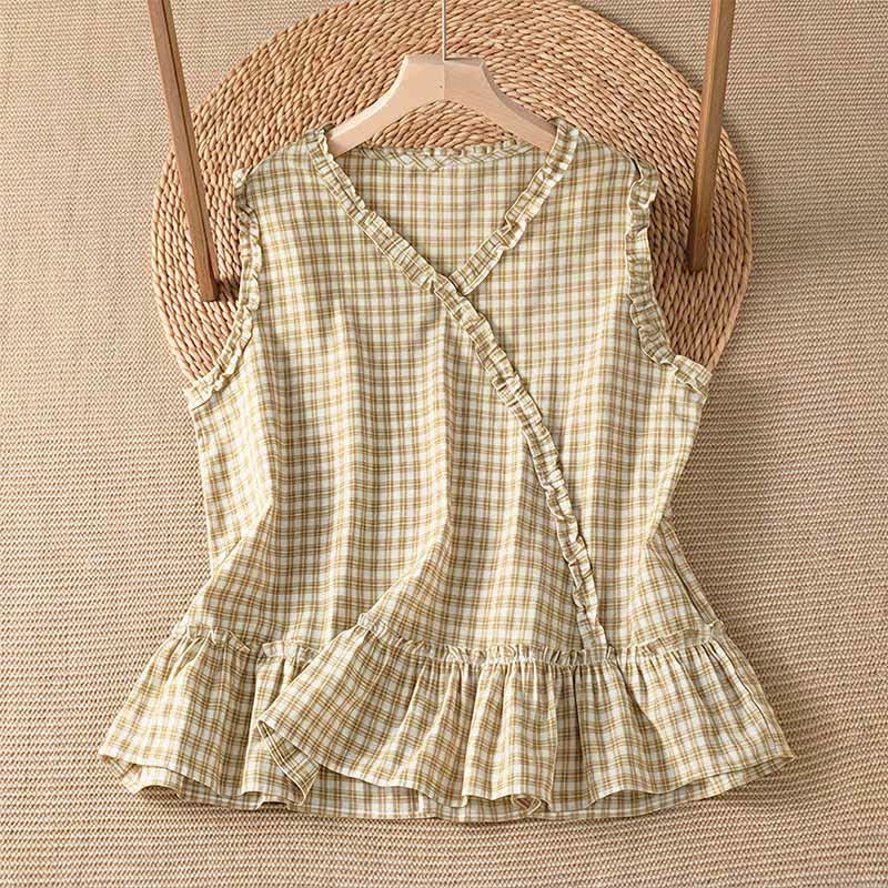 Nimara Ritual Summer Casual Vintage Ruffle V-Neck Plaid Tank Top Women's Sleeveless T-Shirts