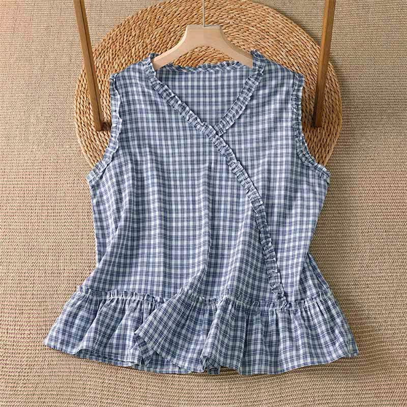 Nimara Ritual Summer Casual Vintage Ruffle V-Neck Plaid Tank Top Women's Sleeveless T-Shirts