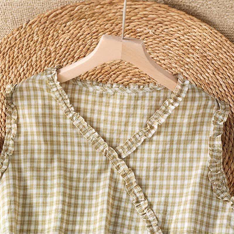 Nimara Ritual Summer Casual Vintage Ruffle V-Neck Plaid Tank Top Women's Sleeveless T-Shirts