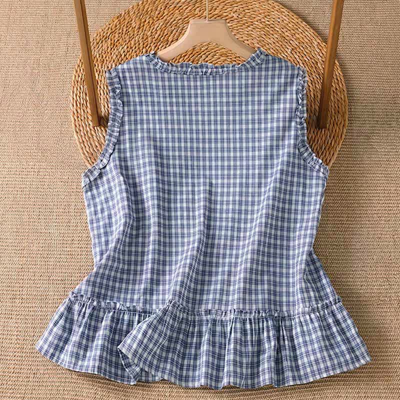 Nimara Ritual Summer Casual Vintage Ruffle V-Neck Plaid Tank Top Women's Sleeveless T-Shirts