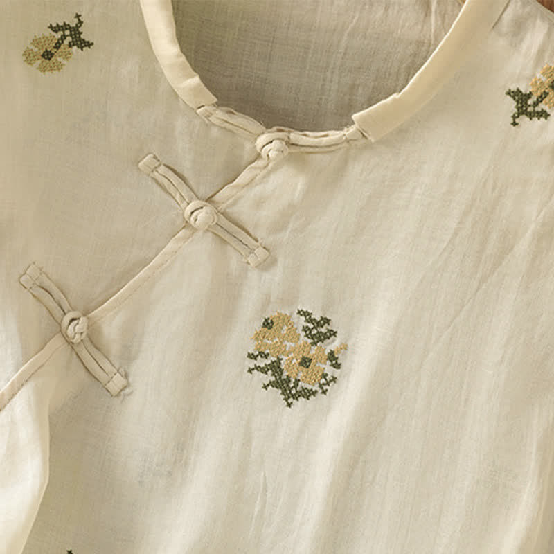 Nimara Ritual Summer Casual Tang Style Mandarin Collar Embroidery Floral Tank Top Women's Sleeveless Shirts