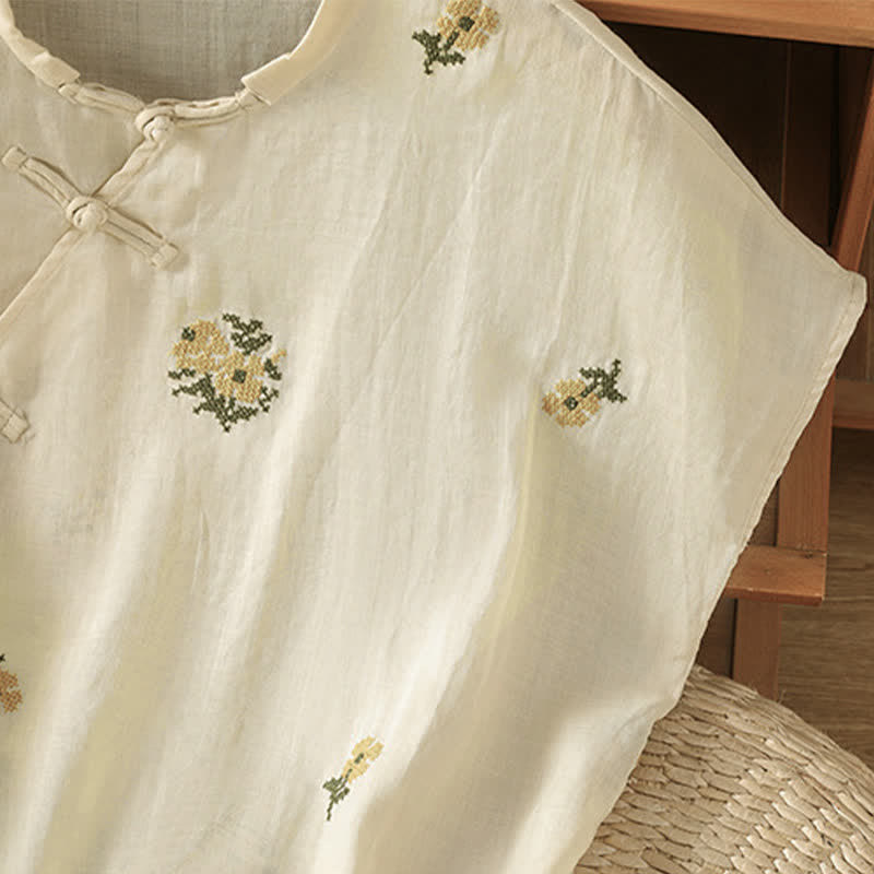 Nimara Ritual Summer Casual Tang Style Mandarin Collar Embroidery Floral Tank Top Women's Sleeveless Shirts