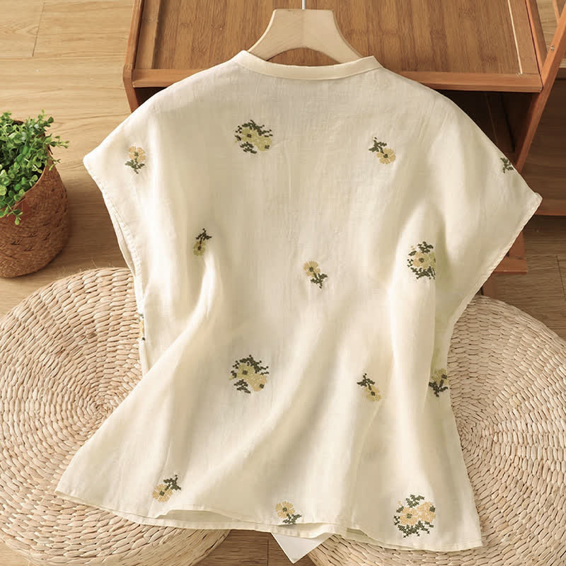 Nimara Ritual Summer Casual Tang Style Mandarin Collar Embroidery Floral Tank Top Women's Sleeveless Shirts