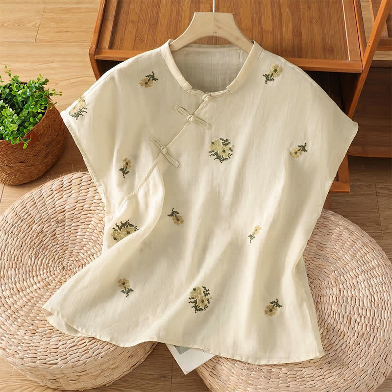 Nimara Ritual Summer Casual Tang Style Mandarin Collar Embroidery Floral Tank Top Women's Sleeveless Shirts