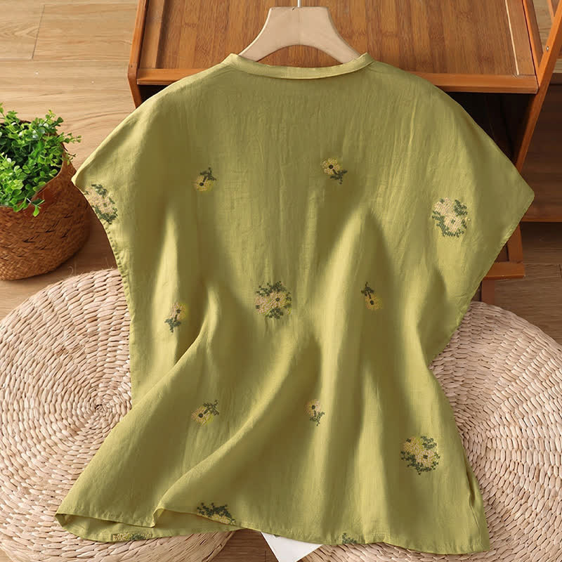 Nimara Ritual Summer Casual Tang Style Mandarin Collar Embroidery Floral Tank Top Women's Sleeveless Shirts