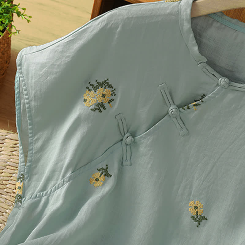 Nimara Ritual Summer Casual Tang Style Mandarin Collar Embroidery Floral Tank Top Women's Sleeveless Shirts
