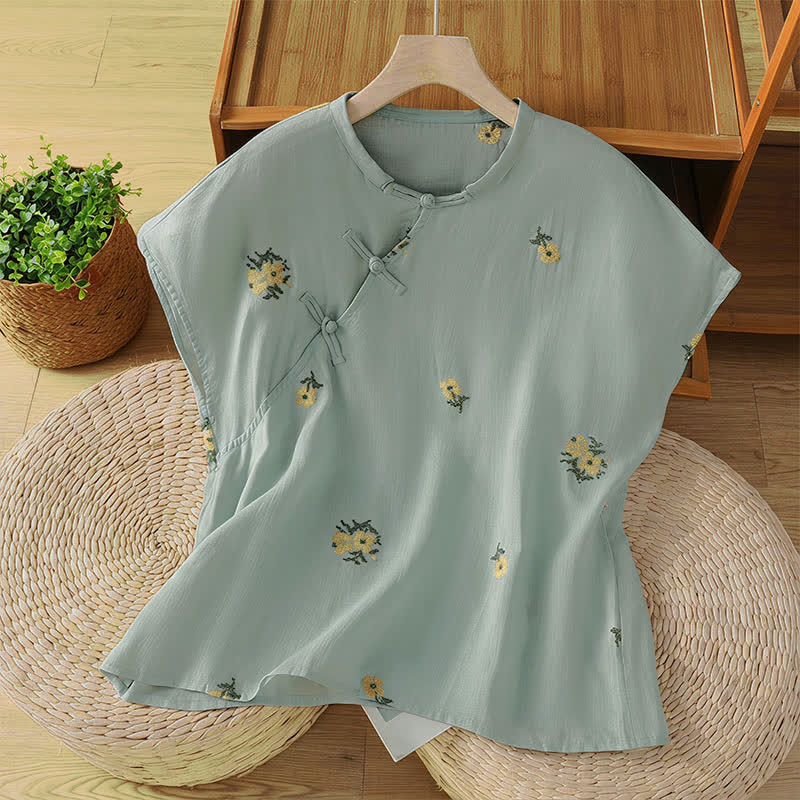 Nimara Ritual Summer Casual Tang Style Mandarin Collar Embroidery Floral Tank Top Women's Sleeveless Shirts