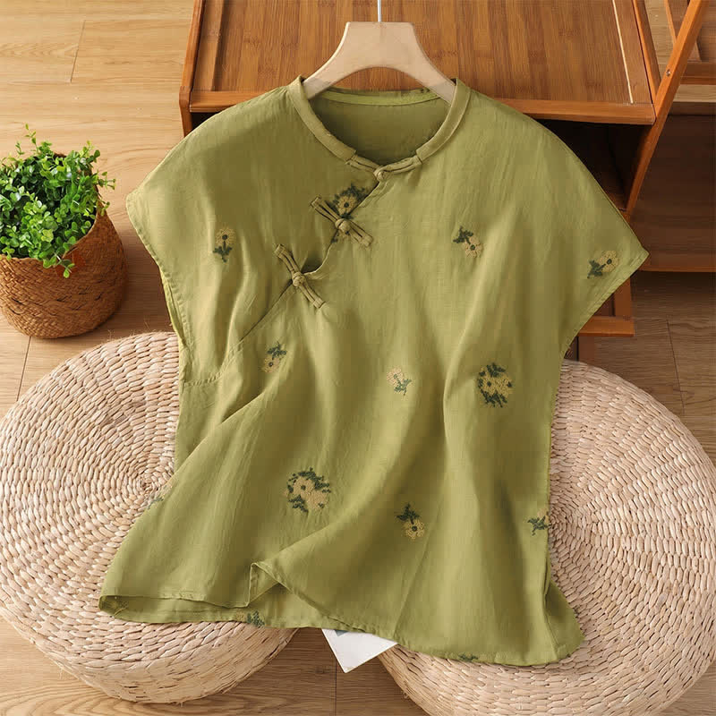 Nimara Ritual Summer Casual Tang Style Mandarin Collar Embroidery Floral Tank Top Women's Sleeveless Shirts