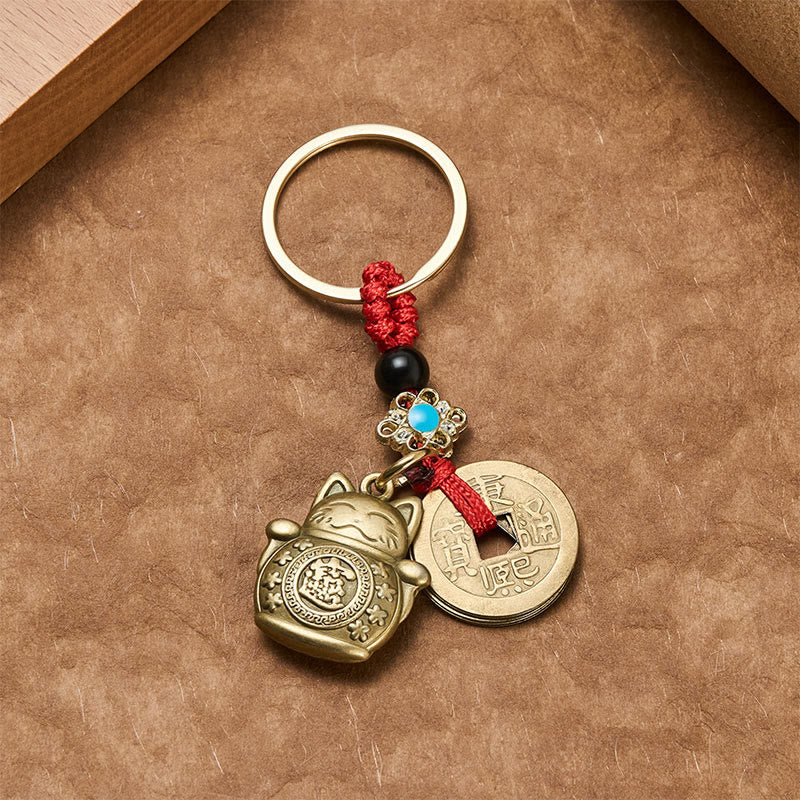 Nimara Ritual Feng Shui Five Emperor Coins Lucky Cat Money Wealth Keychain