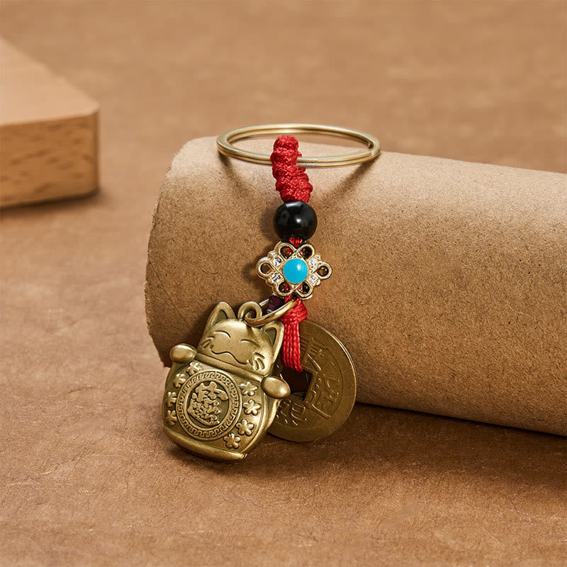 Nimara Ritual Feng Shui Five Emperor Coins Lucky Cat Money Wealth Keychain