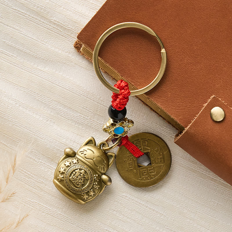 Nimara Ritual Feng Shui Five Emperor Coins Lucky Cat Money Wealth Keychain