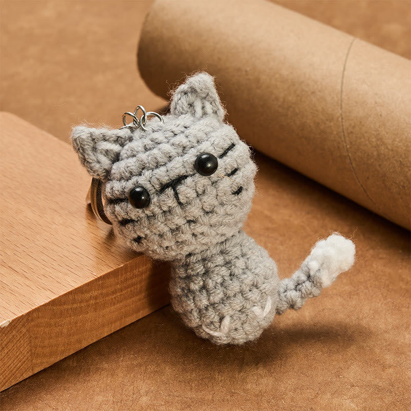 Nimara Ritual Handmade Crochet Light Gray Cute Cat Charm Gift Keychains