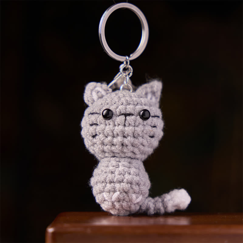 Self Care and Healing Handmade Crochet Light Gray Cute Cat Charm Gift Keychains