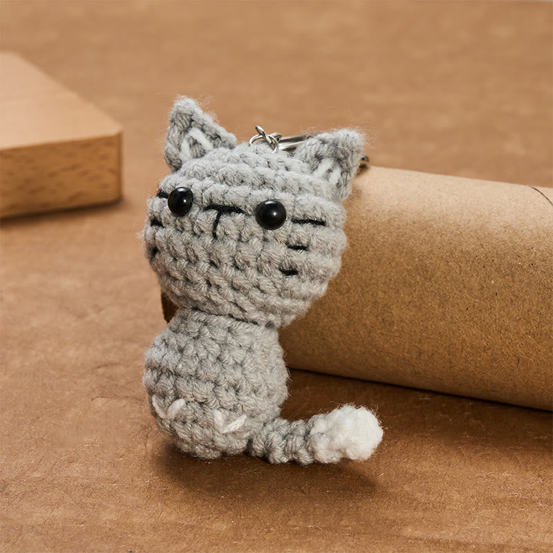 Nimara Ritual Handmade Crochet Light Gray Cute Cat Charm Gift Keychains