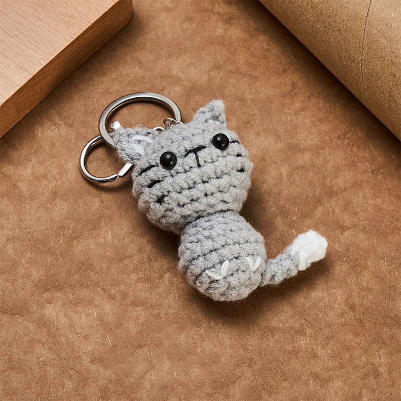 Self Care and Healing Handmade Crochet Light Gray Cute Cat Charm Gift Keychains