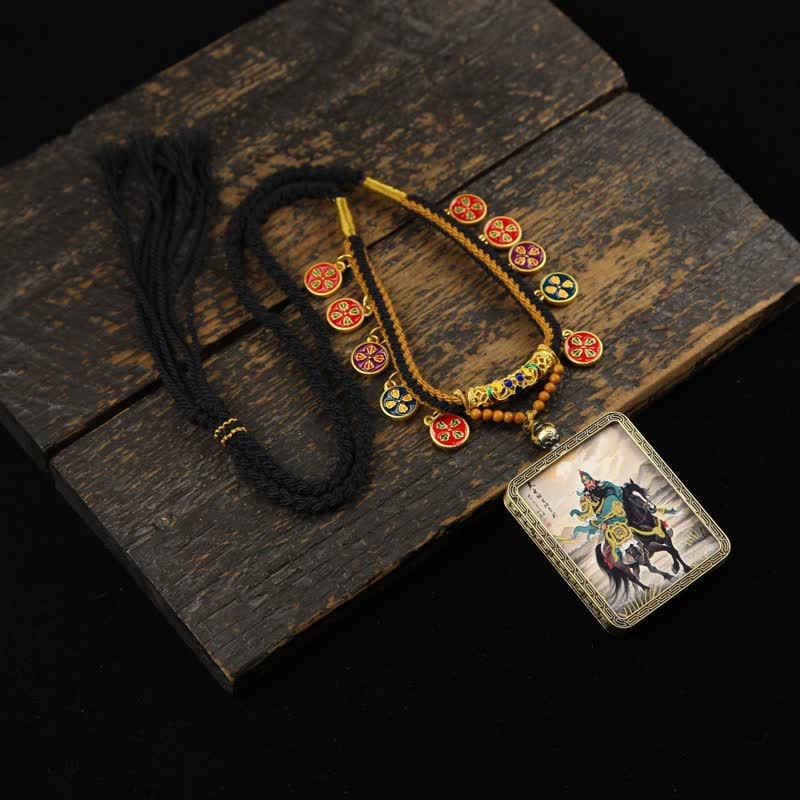 Nimara Ritual Copper Lord Guan Protection Braided Tassel Thangka Necklace