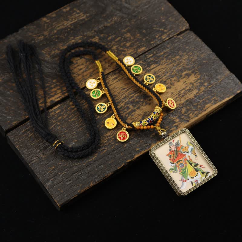 Nimara Ritual Copper Lord Guan Protection Braided Tassel Thangka Necklace
