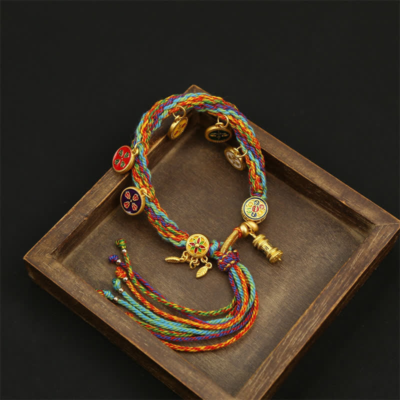 Nimara Ritual Rainbow Braided String Om Mani Padme Hum Wisdom Tassel Bracelet