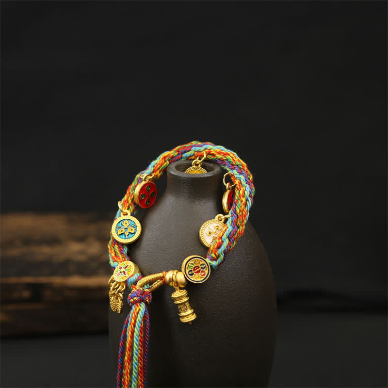 Nimara Ritual Rainbow Braided String Om Mani Padme Hum Wisdom Tassel Bracelet