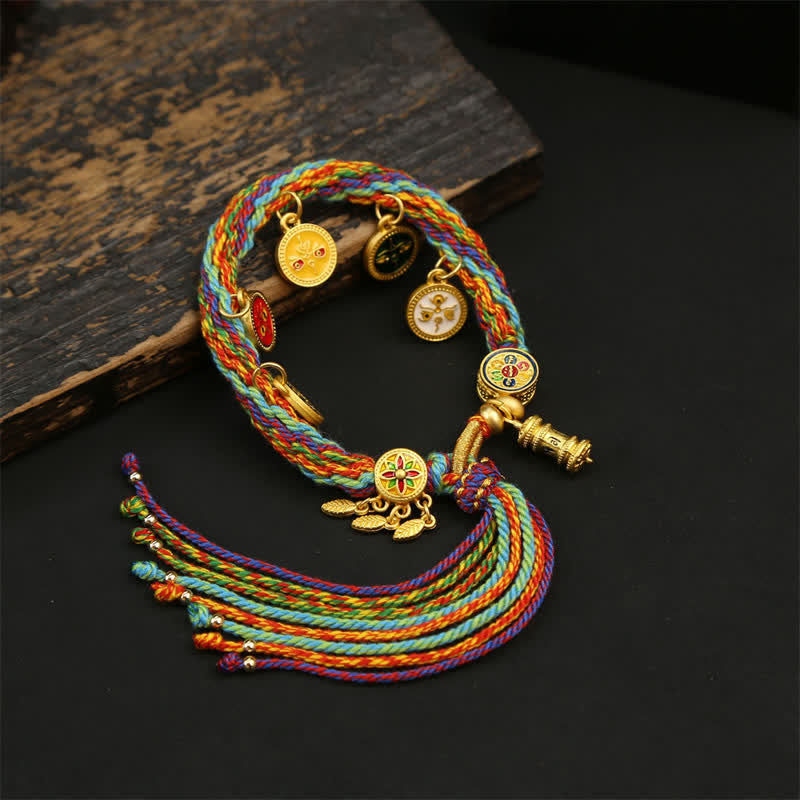 Nimara Ritual Rainbow Braided String Om Mani Padme Hum Wisdom Tassel Bracelet