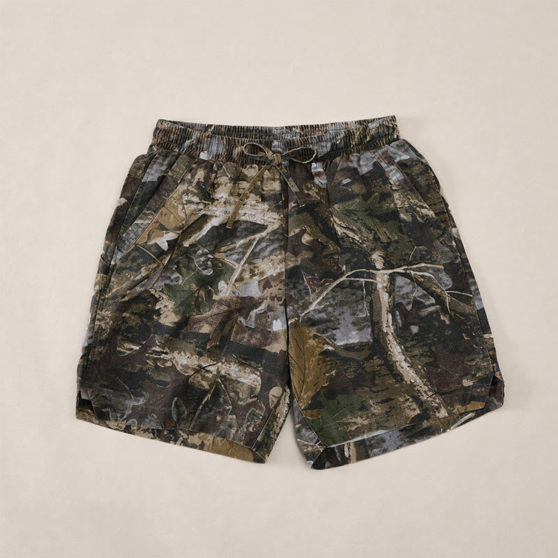 Nimara Ritual Summer Casual Athletic Drawstring Camouflage Leaves Cotton Ramie Men's Shorts With Pockets