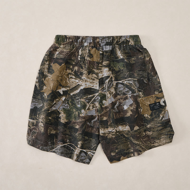 Nimara Ritual Summer Casual Athletic Drawstring Camouflage Leaves Cotton Ramie Men's Shorts With Pockets