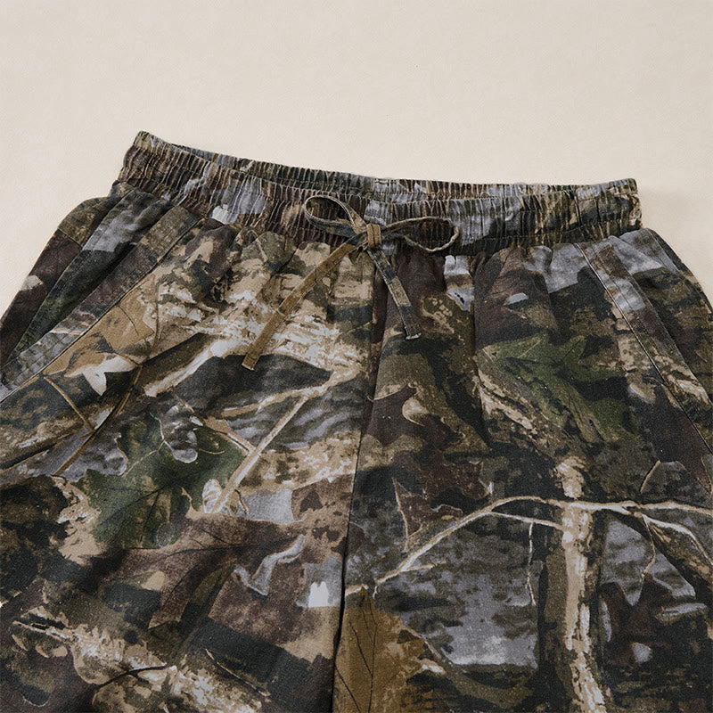 Nimara Ritual Summer Casual Athletic Drawstring Camouflage Leaves Cotton Ramie Men's Shorts With Pockets