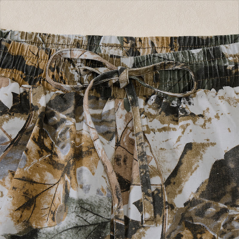 Nimara Ritual Summer Casual Athletic Drawstring Camouflage Leaves Cotton Ramie Men's Shorts With Pockets