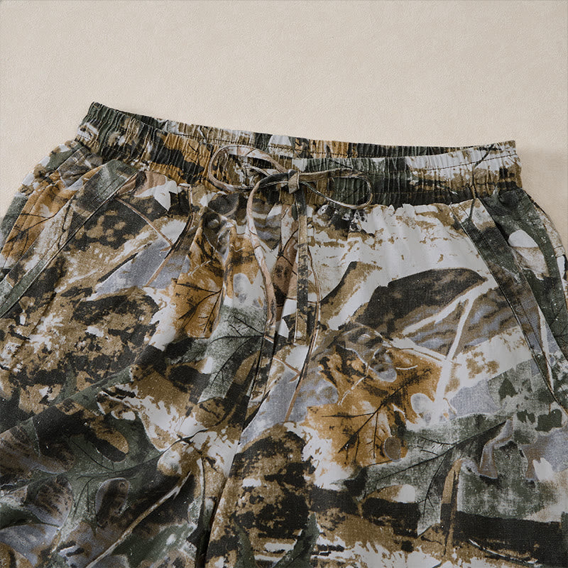 Nimara Ritual Summer Casual Athletic Drawstring Camouflage Leaves Cotton Ramie Men's Shorts With Pockets